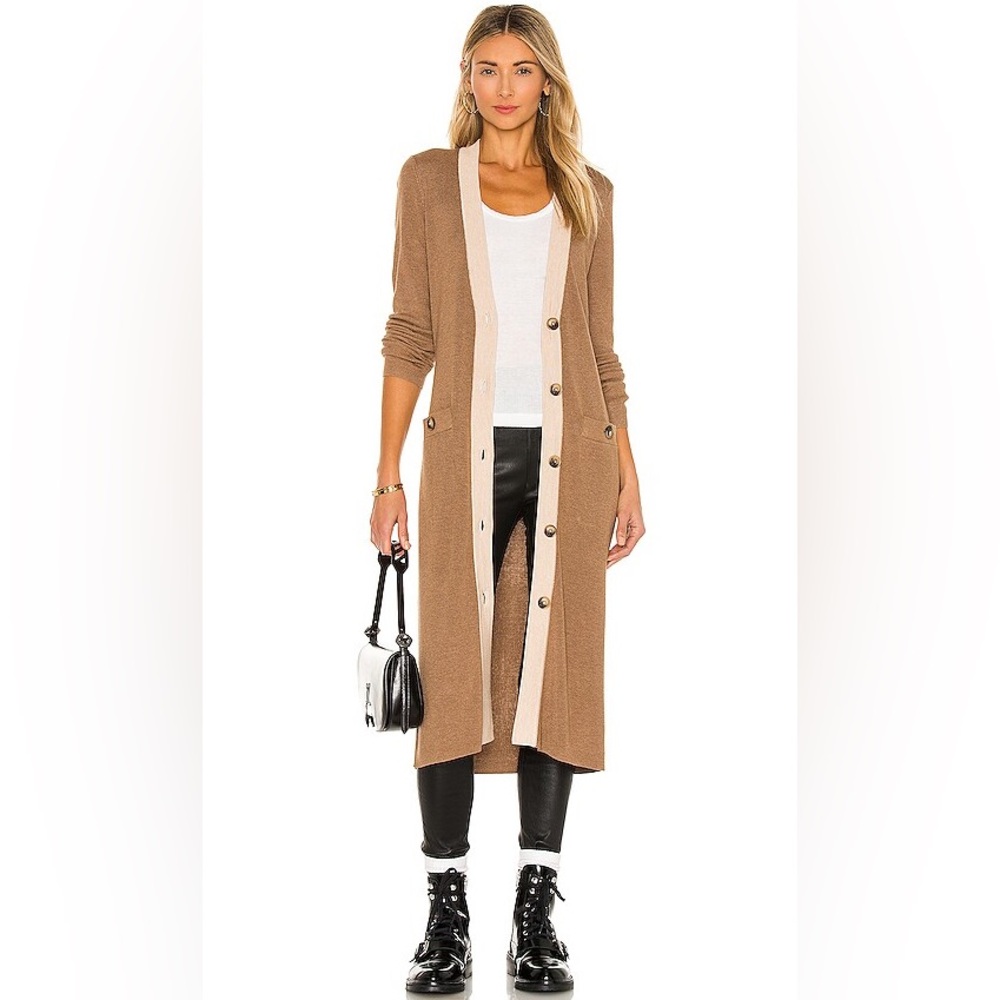 L'agence Rebecca Ribbed Long Button Front Cardigan Medium Camel